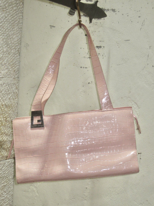 Pink Croc Embossed Rectangle Shoulder Bag