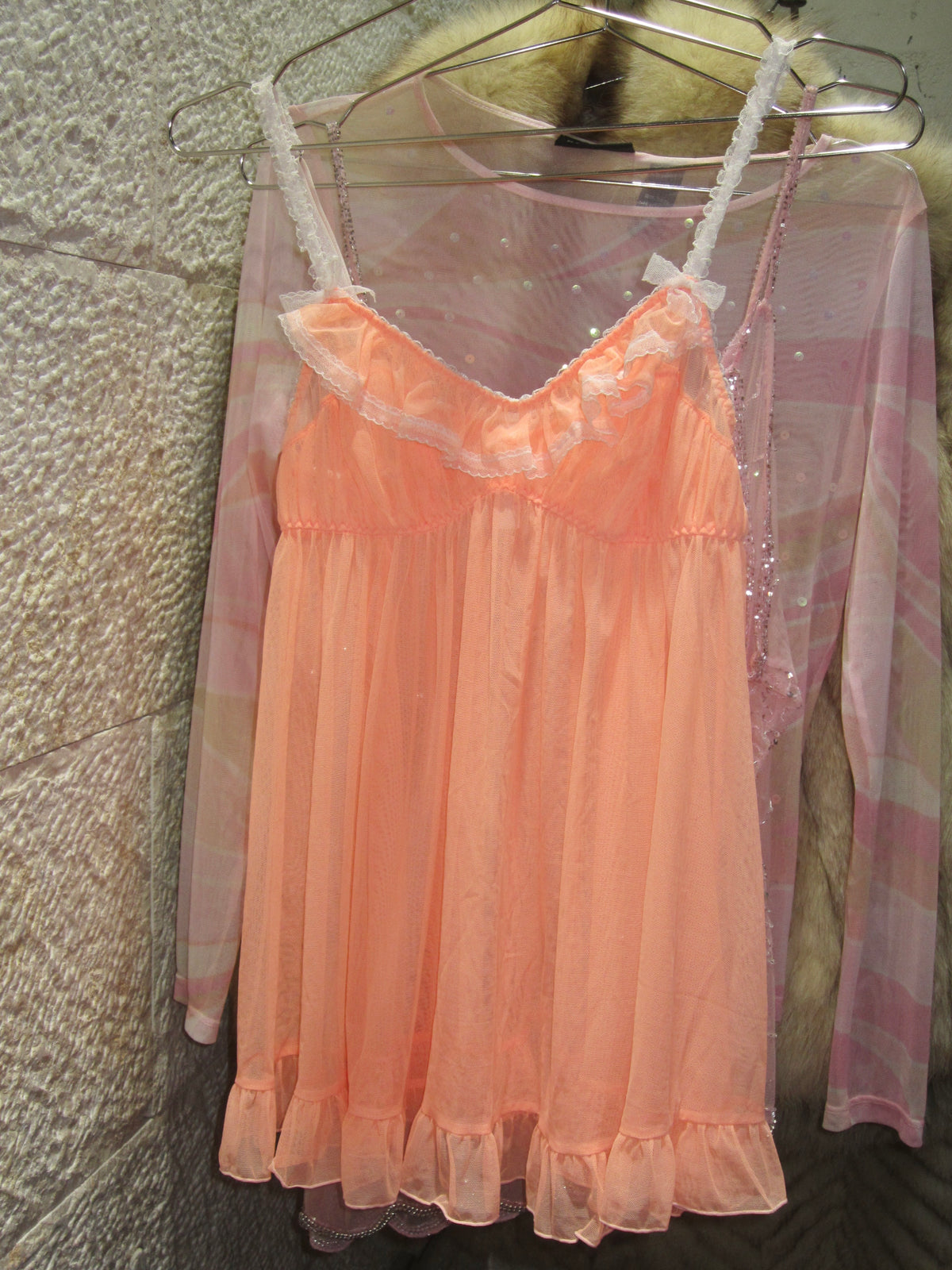 Peach Sheer Ruffle Babydoll