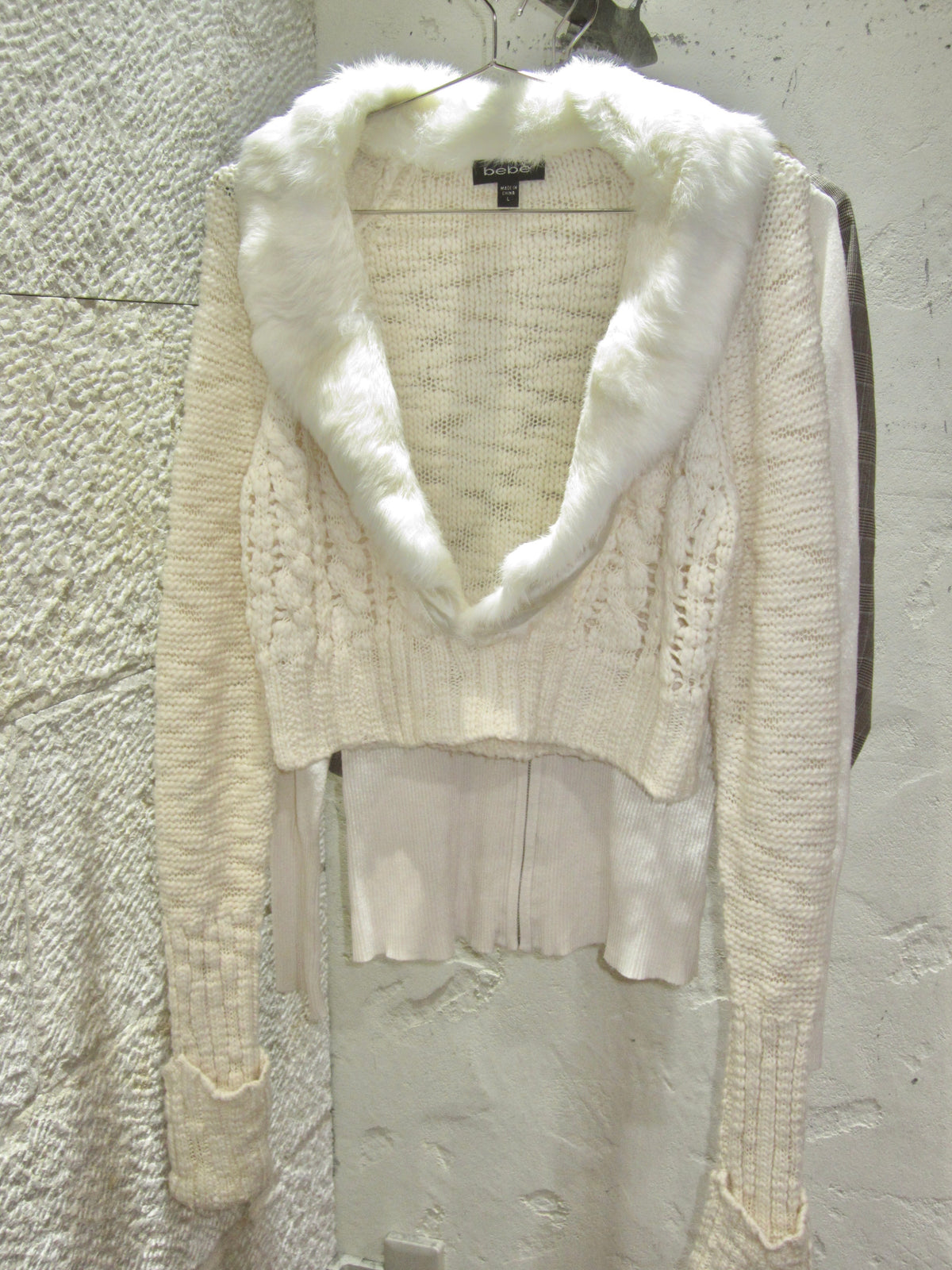 Ivory Plush Collar Cable Cardigan