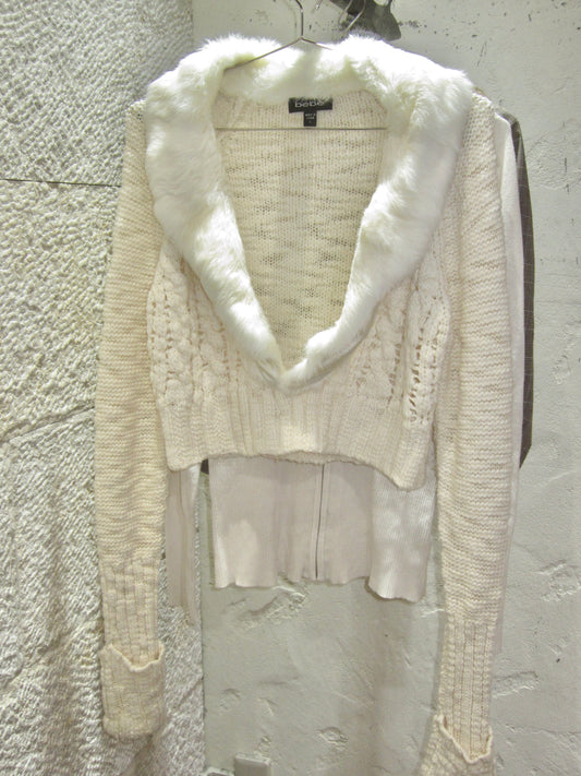 Ivory Plush Collar Cable Cardigan
