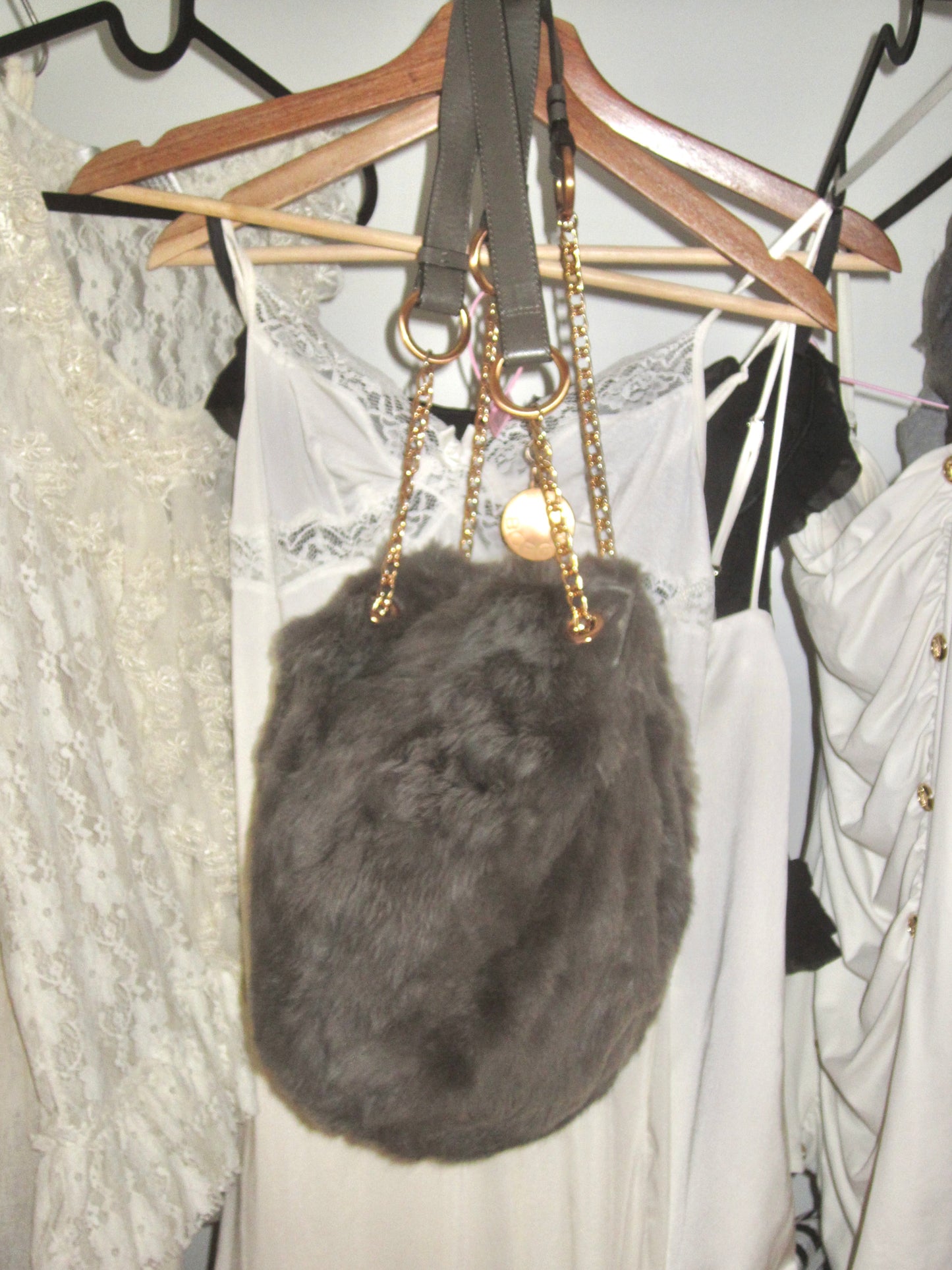 Grey Fur Gold Chain Pouch
