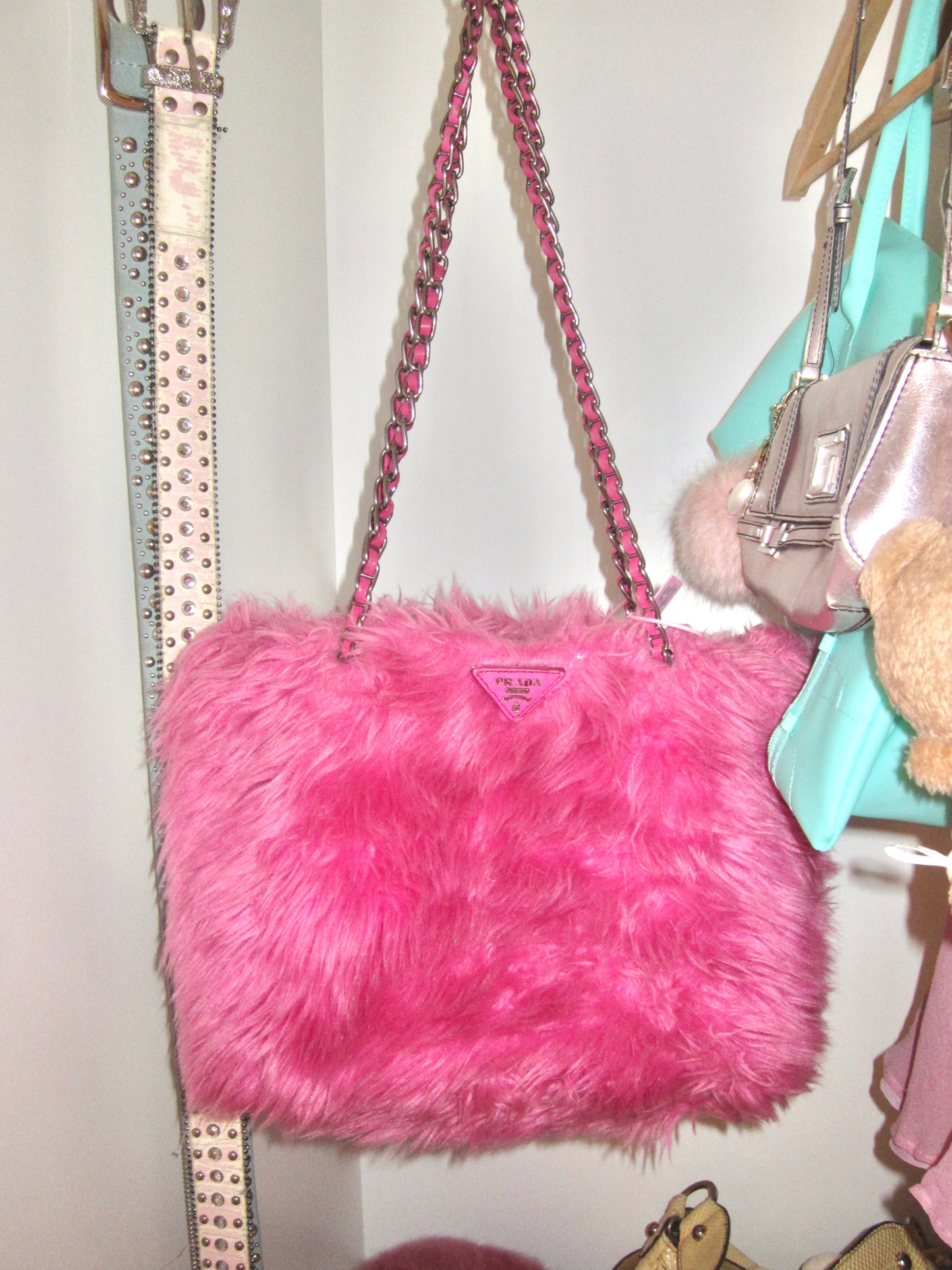 Hot Pink Faux Fur Chain Tote