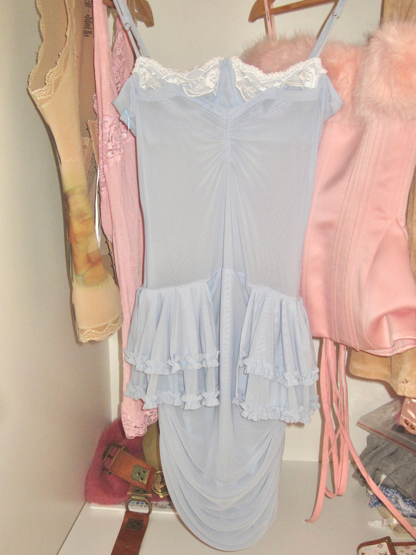 Powder Blue Ruched Ruffle Dress