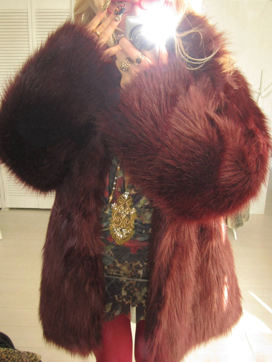 Vintage Cherry Bordeaux faux fur coat