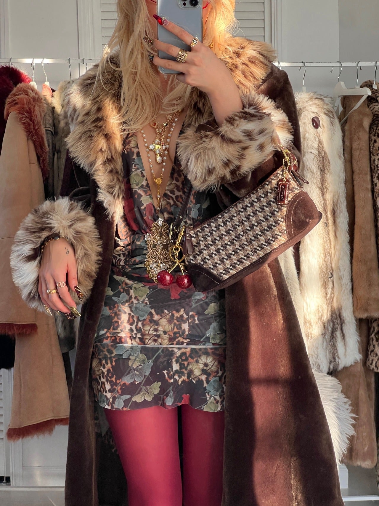Mid night owl vintage long faux fur coat