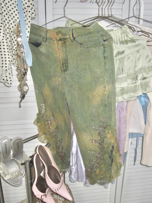 Y2K forest green embroidered capri pants
