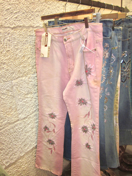 vintage Daniel pink and white wash floral beaded jeans