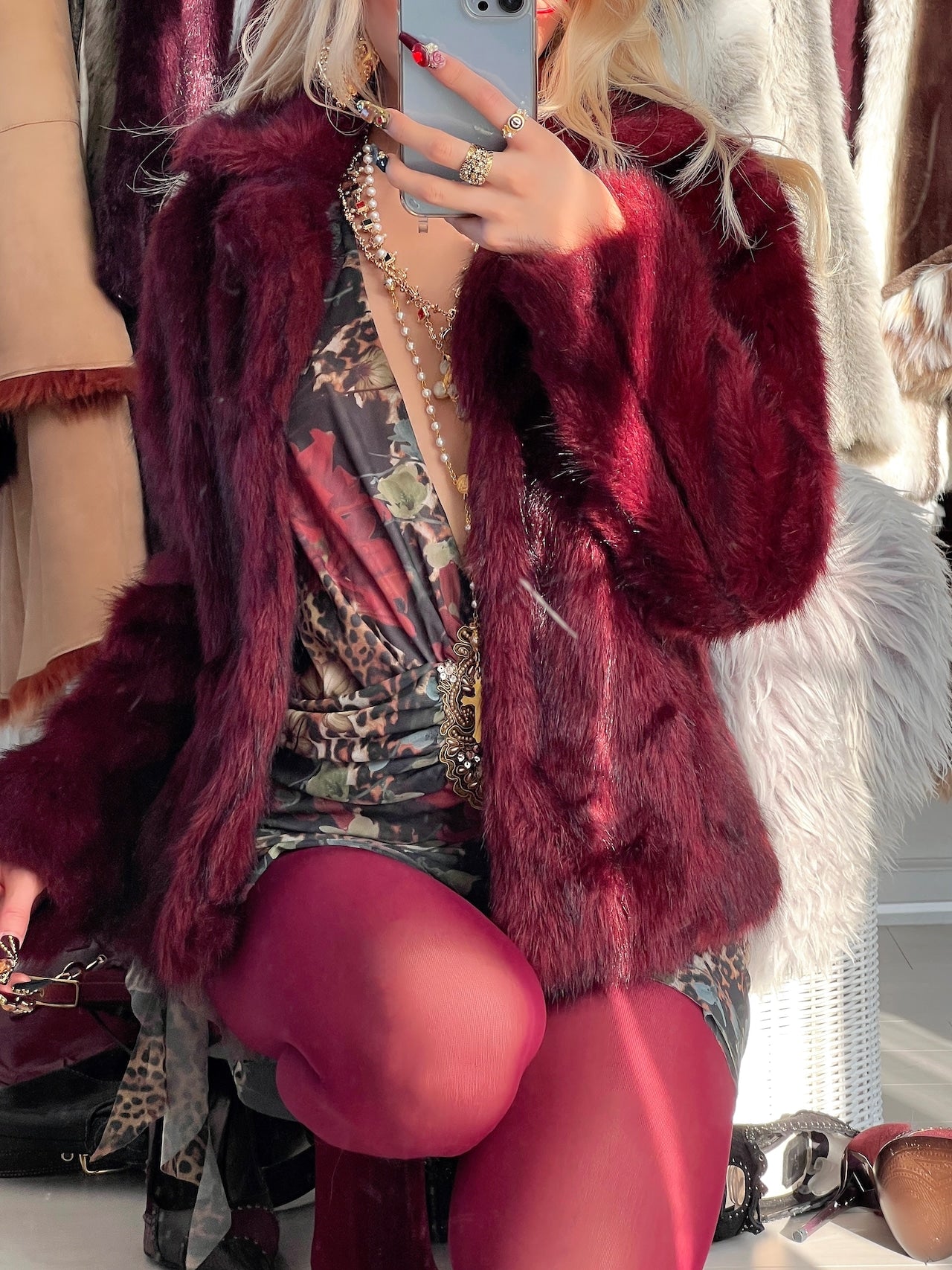 Vintage Crimson velvet faux fur jacket