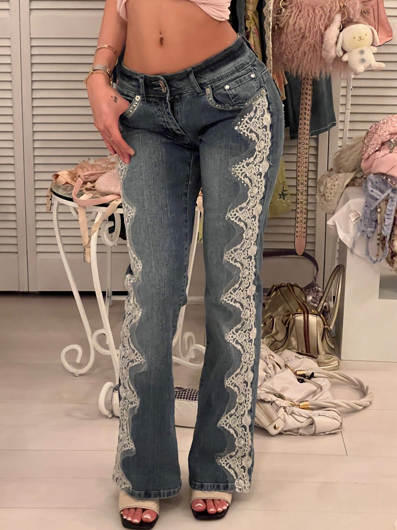 Y2K flower embroidered denim