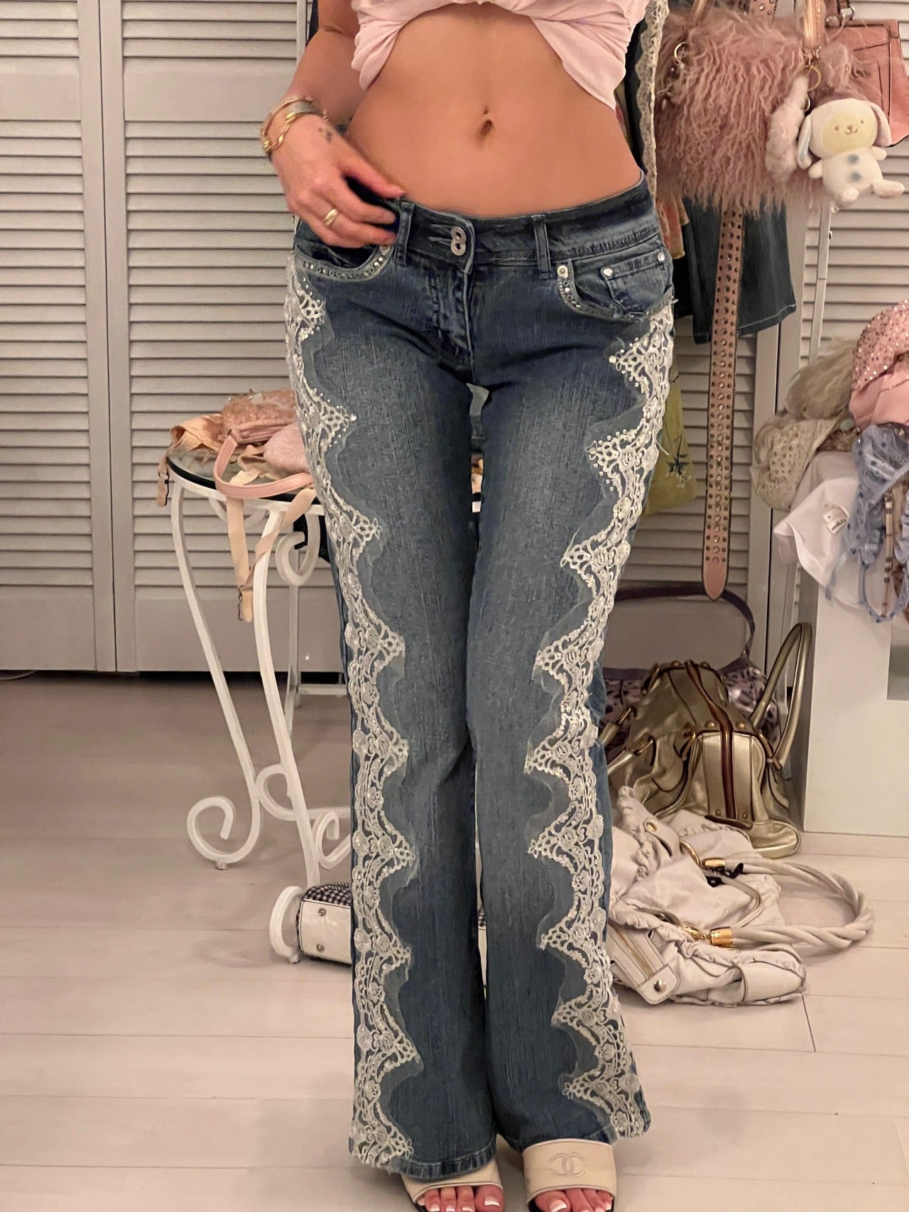 Y2K flower embroidered denim