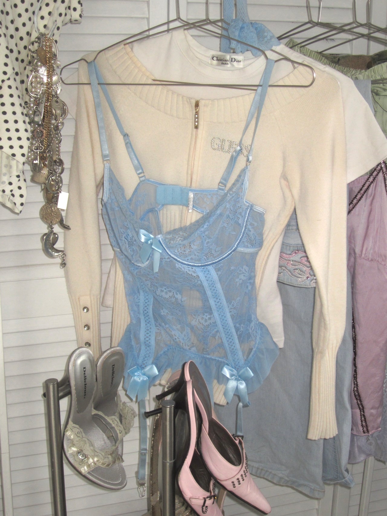 Vintage 00s blue lace bustier&stocking&pants set